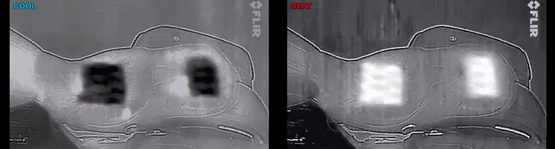 Side-by-side thermal images comparing cooling and heating modes of a Corbin Fire & Ice saddle